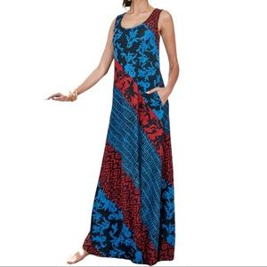 SOFT SURROUNDINGS RED AND BLUE MIXED PRINT SLEEVELESS MAXI DRESS